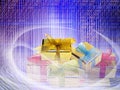 conceptual internet business illustration of binary code and shiny gift boxes