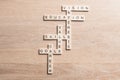 Conceptual keywords on wooden table with elements of game making crossword