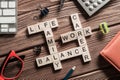 Conceptual keywords on wooden table with elements of game making crossword