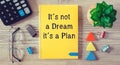 Conceptual manuscript showing It is not a Dream it is a Plan. Clarify your ideas and use your powers wisely