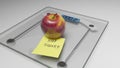 Conceptual and modern still life delicious apple and yellow posit note text saying stop sugar stuck on bathroom scale in weight