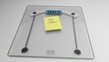 Conceptual and modern still of yellow handwritten posit note saying eat clean stuck on bathroom scale in weight loss dieting and