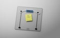 Conceptual and modern still of yellow handwritten posit note saying eat clean stuck on bathroom scale in weight loss dieting and