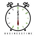 Conceptual money alarm clock with clock face stylized like text. Business time. Clock hands like dollar and business tie