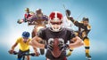 The conceptual multi sports collage with american football, hockey, cyclotourism, fencing, motor sport Royalty Free Stock Photo