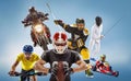 The conceptual multi sports collage with american football, hockey, cyclotourism, fencing, motor sport Royalty Free Stock Photo