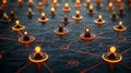 Conceptual network with glowing orange hubs on a dark background symbolizing decentralized data, blockchain systems, and connec