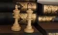 Conceptual photo. Chess pieces on a book in a library with books on the bookshelf background. Chess piece photography. Remote off