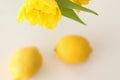 Conceptual photo in Kitchen. Yellow lemons, yellow tulips on the table. Conceptual photo. Interior Photos Royalty Free Stock Photo