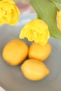 Conceptual photo in Kitchen. Yellow lemons, yellow tulips on the table. Conceptual photo. Interior Photos Royalty Free Stock Photo