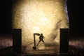 Conceptual Photo, Silhouette Bassist or Guitarist in Action, at Fake Stage, Yellow Lighting