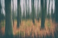 A conceptual photo using slow shutter speed of trees in a forest showing green and orange leaves with a strong vintage filter