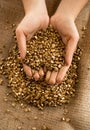 Conceptual photo of woman holding life savings in gold in hands