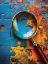 A conceptual photograph featuring a magnifier glass hovering over a jigsaw puzzle,