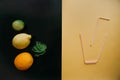 Conceptual photography. Citrus lemonade or juice from fresh fruits in a glass of tubules Royalty Free Stock Photo