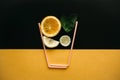 Conceptual photography. Citrus lemonade or juice from fresh fruits in a glass of tubules Royalty Free Stock Photo