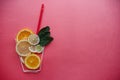 Conceptual photography. Citrus lemonade or juice from fresh fruits in a glass of tubules Royalty Free Stock Photo