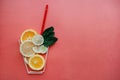 Conceptual photography. Citrus lemonade or juice from fresh fruits in a glass of tubules Royalty Free Stock Photo