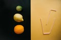 Conceptual photography. Citrus lemonade or juice from fresh fruits in a glass of tubules Royalty Free Stock Photo