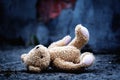 Conceptual photography: war, death and lost childhood. Conceptual picture of a children`s toy teddy bear on a background of broke Royalty Free Stock Photo