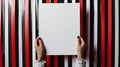 Conceptual pop-art mockup, blank paper with copy-space in hands on colorful stripy background