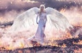 Conceptual portrait of an angel walking on hell flames Royalty Free Stock Photo