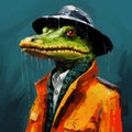 Conceptual portrait of a fashionable crocodile man on a rainy night. Stylish anthropomorphic reptile person wearing a hat and a