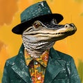 Conceptual portrait of a fashionable crocodile man. Stylish anthropomorphic reptile person wearing a hat and a coat made of