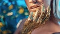 Conceptual portrait of the woman with golden hands Royalty Free Stock Photo