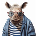 Conceptual Portraiture Rhino Wearing Glasses In Stylish Blue Jacket