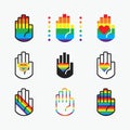 Conceptual pride rainbow color hands icons with hearts icons set on off white