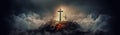 silhouette of a huge catholic cross, above the clouds, gloomy surreal landscape, panoramic view. conceptual religious image with Royalty Free Stock Photo