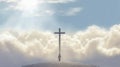 silhouette of a huge catholic cross and a lonely person nearby, above the clouds, sky landscape, panoramic view. conceptual Royalty Free Stock Photo