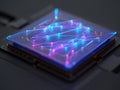 Conceptual rendering of a glowing neural network or artificial intelligence processing unit on a dark circuit board Royalty Free Stock Photo