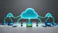 conceptual representation of AI powered cloud system with glowing data transfers connecting multiple devices, showcasing