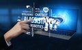 Conceptual representation of artificial intelligence technology with digital assistant and various keywords like chatbot Royalty Free Stock Photo