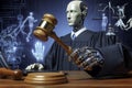A conceptual representation of the future of law with artificial intelligence, showcasing a robotic judge in a modern courtroom