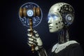 A conceptual representation of the future of law with artificial intelligence, showcasing a robotic judge in a modern courtroom