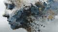 Abstract human head dissolving into puzzle pieces and smoke against a cloudy sky Royalty Free Stock Photo