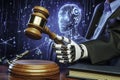 A conceptual representation of the integration of artificial intelligence into the legal system, showcasing a robotic hand holding