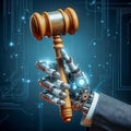 A conceptual representation of the integration of artificial intelligence into the legal system, showcasing a robotic hand holding