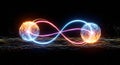 Entangled quantum spheres linked by an infinity symbol against space background Royalty Free Stock Photo