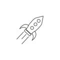 Conceptual rocket flying icon. Shooting spaceship symbol in space with stars sign. Thin line icon on white background. Vector illu