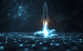 A conceptual rocket launch. A virtual spaceship ascends into space. The idea of business development is emphasized. A
