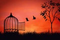Conceptual scene with birds couple break free from a cage. Freedom and togetherness concept. Birdie released to nature over sunset Royalty Free Stock Photo