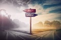 Conceptual scene choose road 2022 year or 2021. Split ways and signpost arrows showing two different courses, left and right Go Royalty Free Stock Photo