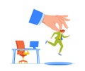 Conceptual Scene of Corporate Downsizing Portrayed Boss& x27;s Huge Hand Throwing Employee Character Out Of Office Desk