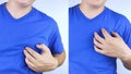 Before and after chest pain. Conceptual shot of a heart attack. On one half, the person grabbed the chest, and on the second, the