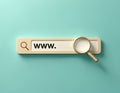 Conceptual shot of internet browser address bar with www text, magnifier, web search, online presence, global network access.