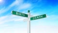 Conceptual shot: intersection of two street signs saying Birth and Death isolated on sky background